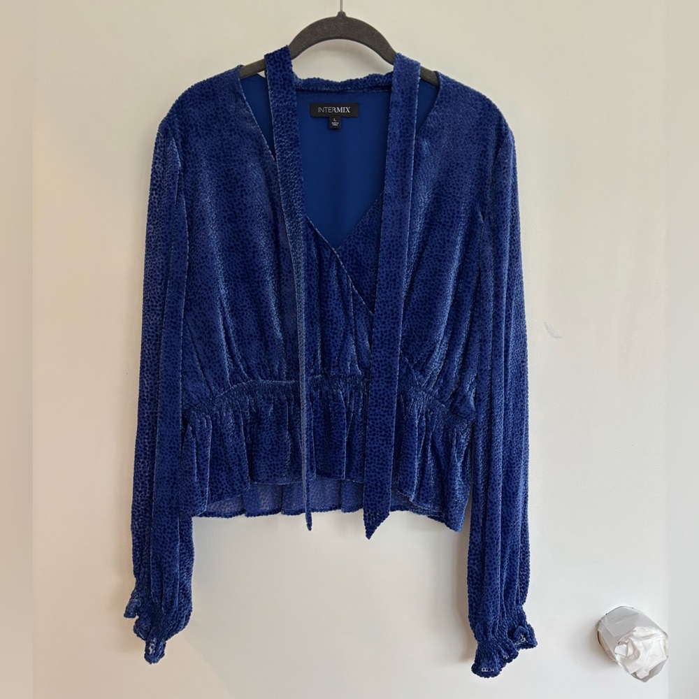 INTERMIX Blue Long Sleeve Silky Top with Tie Neck, Size L, Like New Condition